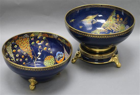 Two Carlton Ware mottled blue ground bowls, Devils Copse pattern 3787 and Mikado with an associated stand largest diameter 25cm